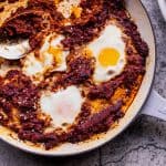 eggs in tomato sauce in a skillet